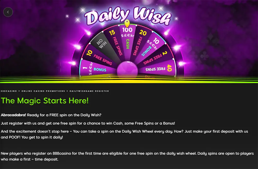 888 Casino Daily Wish wheel