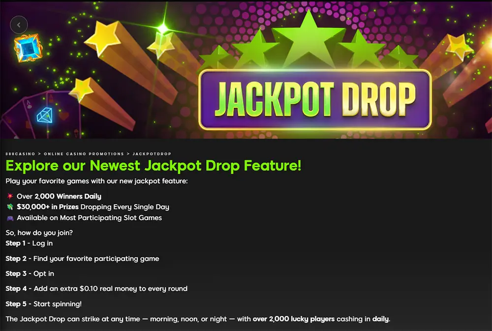 888 Casino Jackpot Drop promotion feature