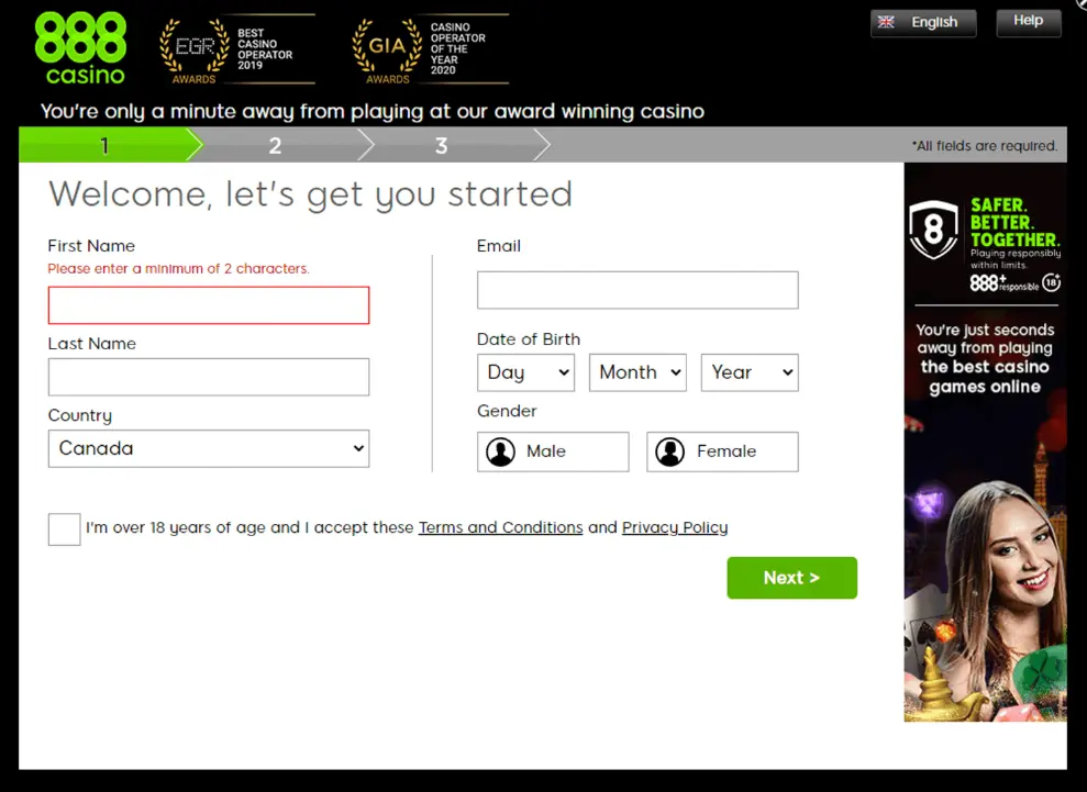 888 Casino registration form