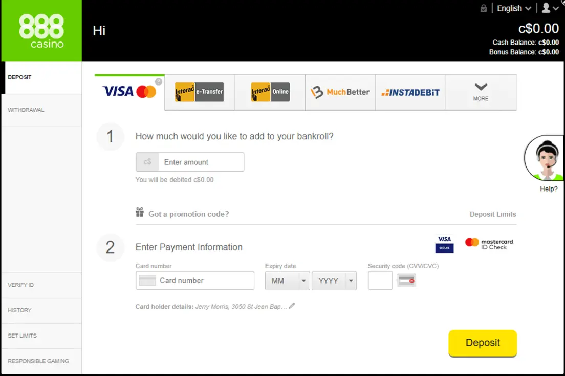 888 Casino cashier payment screen